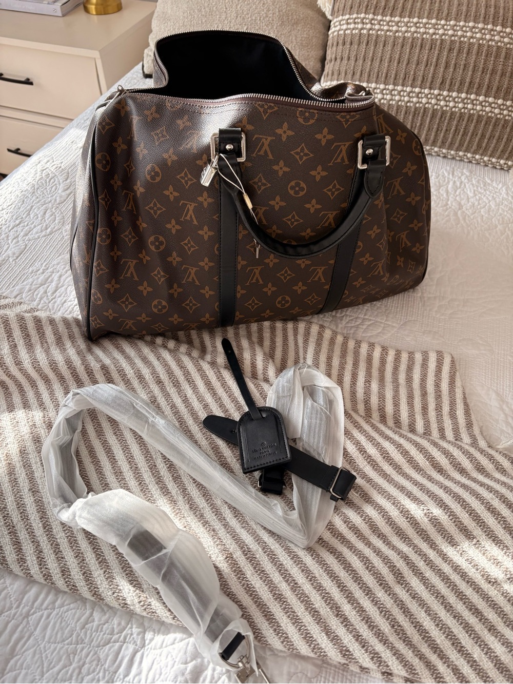 Brown Monogram Canvas Duffle Bag with Black Leather Strap